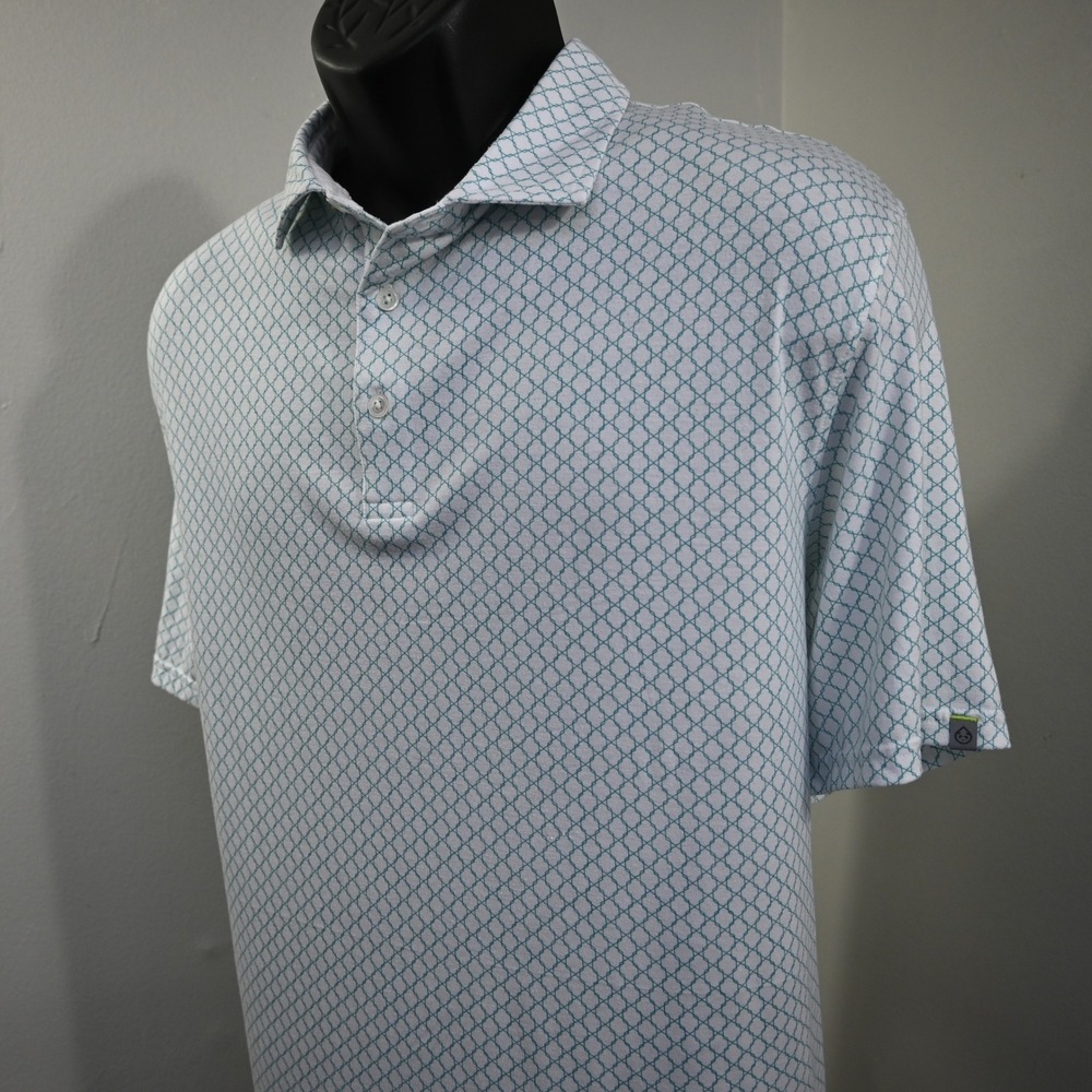 tasc Performance Polo‎ Men XL White Teal Geometric Short Sleeve Golf Shirt